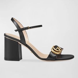 Gucci Marmont Sandals, heels in black leather size 37.5 7.5 receipt care card